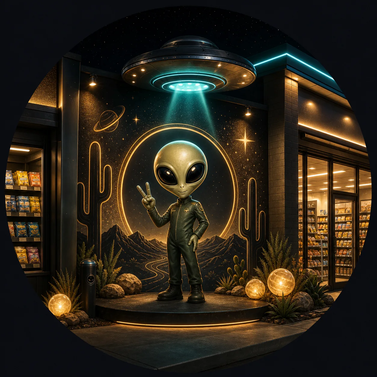 AI-generated alien-themed photo-op area outside a convenience store.