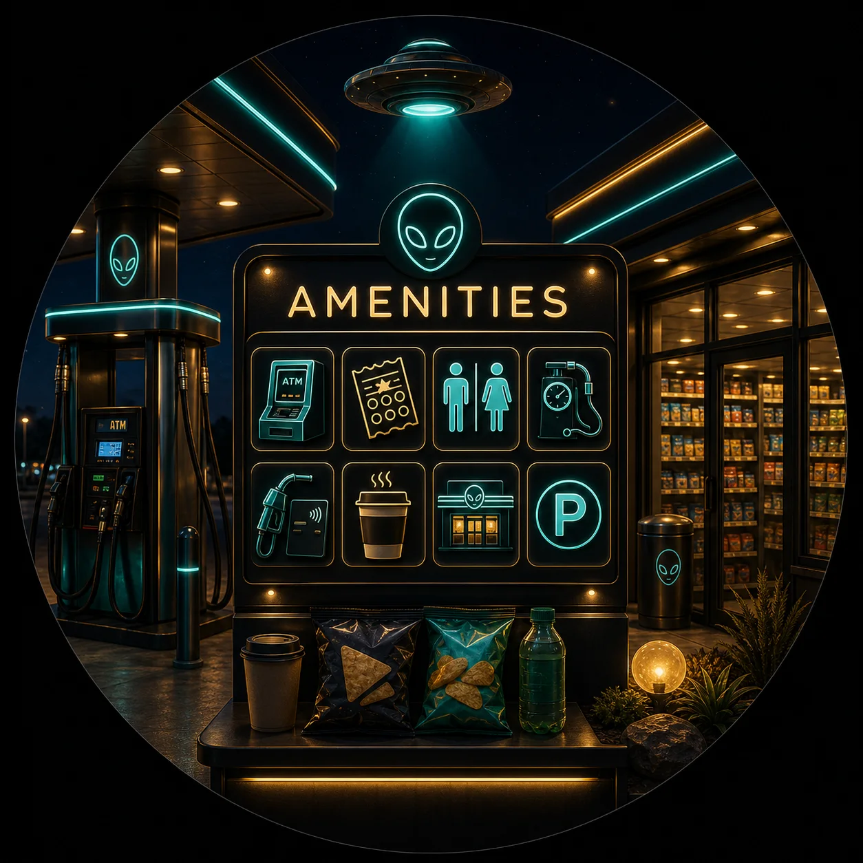 AI-generated Cosmic Market amenities board showing ATM, lotto, restrooms, air pump, pay at pump, coffee, parking, and convenience store icons.
