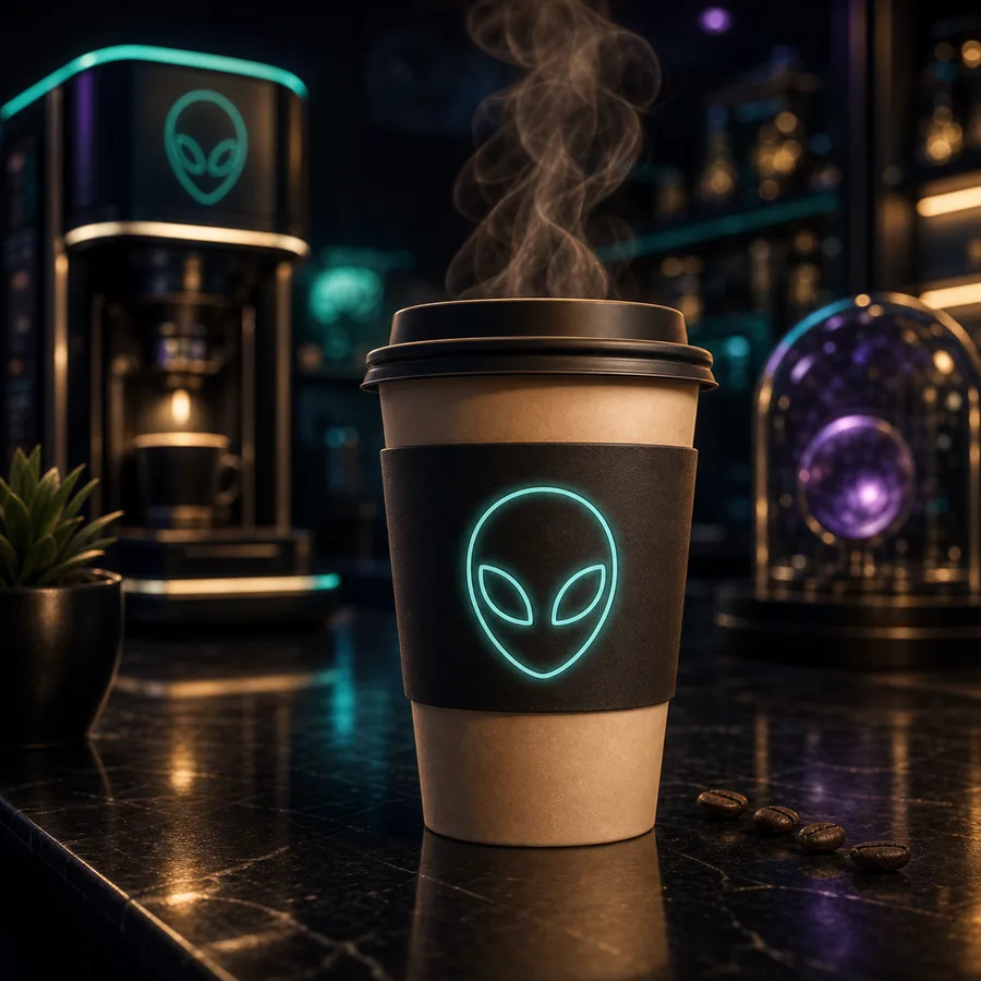 AI-generated Cosmic Market coffee amenity card.