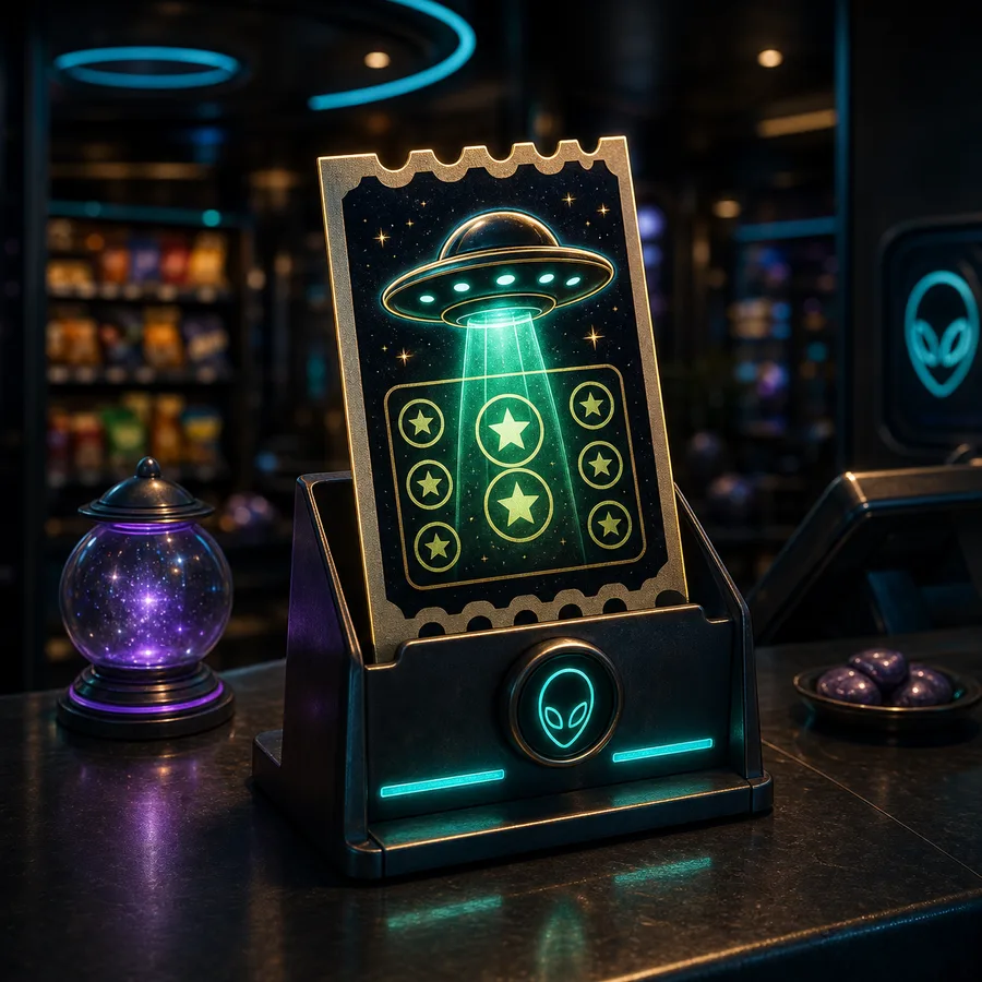 AI-generated Cosmic Market lotto amenity card.