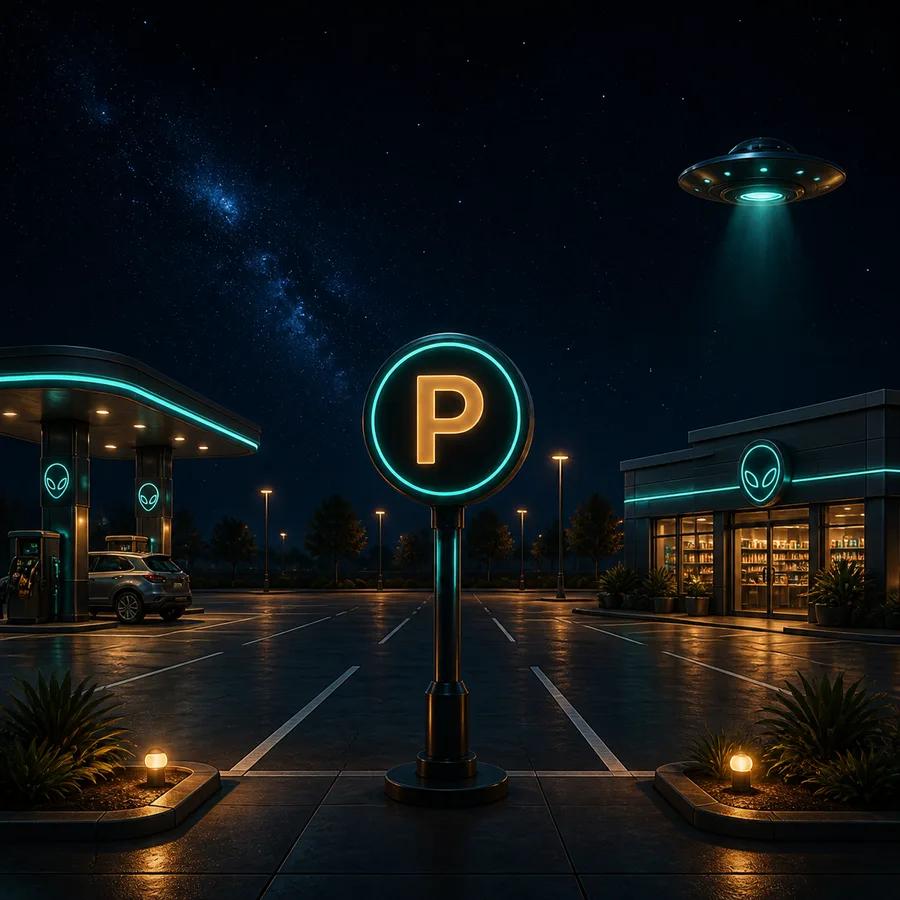 AI-generated Cosmic Market parking amenity card.
