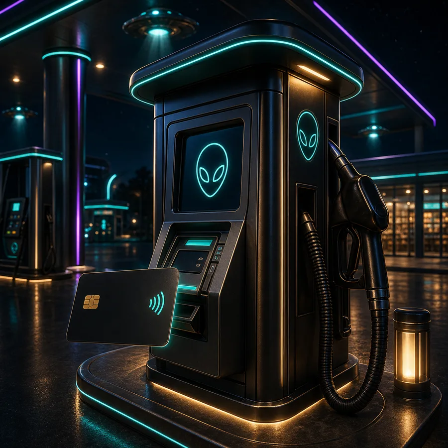 AI-generated Cosmic Market pay-at-pump amenity card.