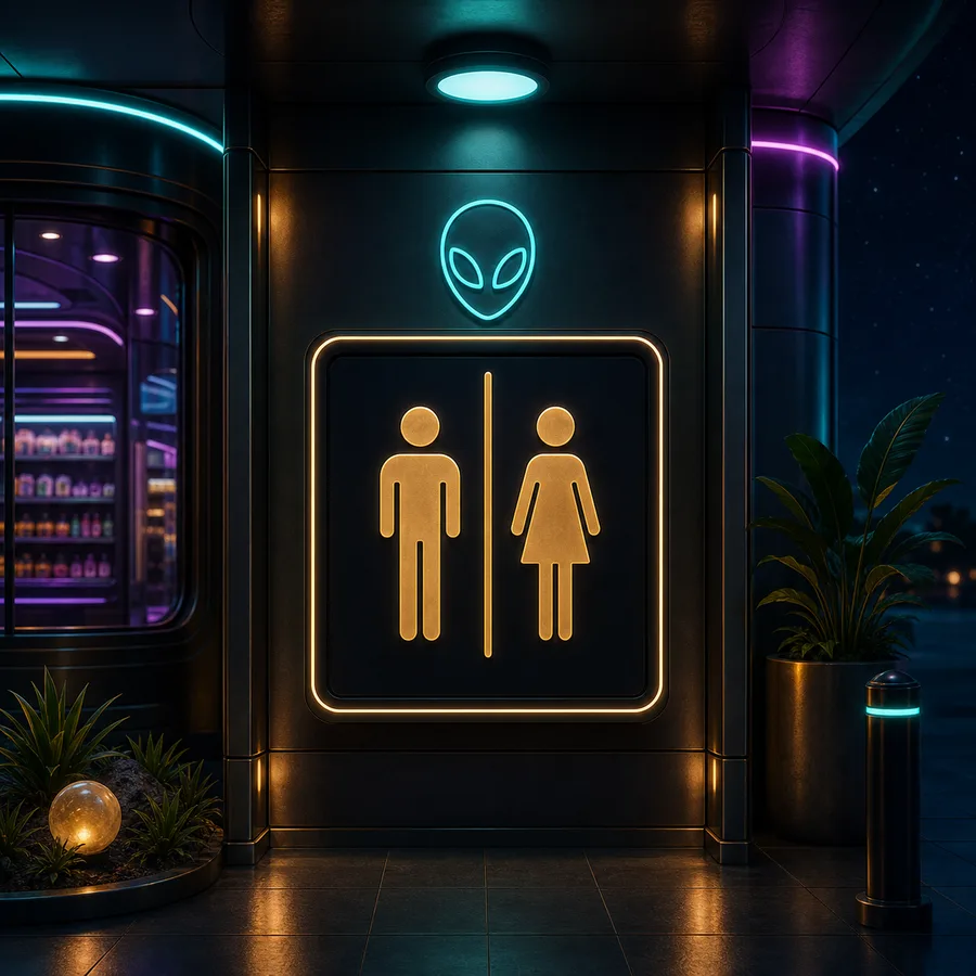 AI-generated Cosmic Market restroom amenity card.