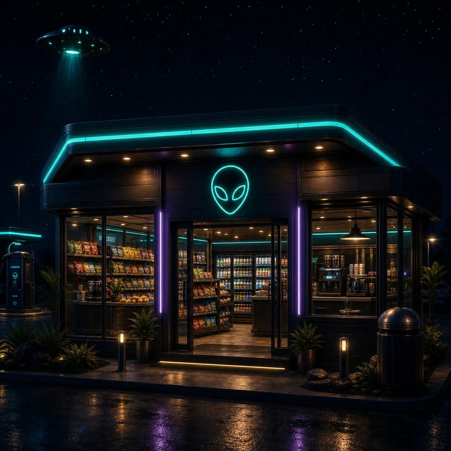 AI-generated Cosmic Market convenience store amenity card.