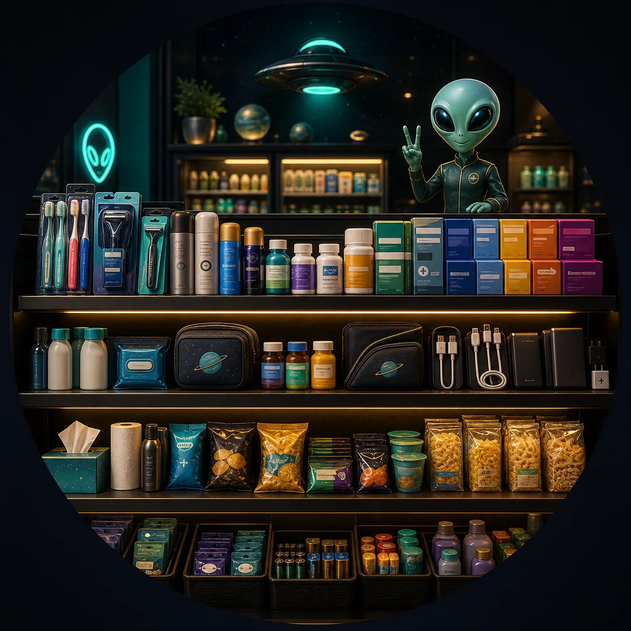 AI-generated convenience store shelf with toiletries, OTC medicines, chargers, and travel essentials.