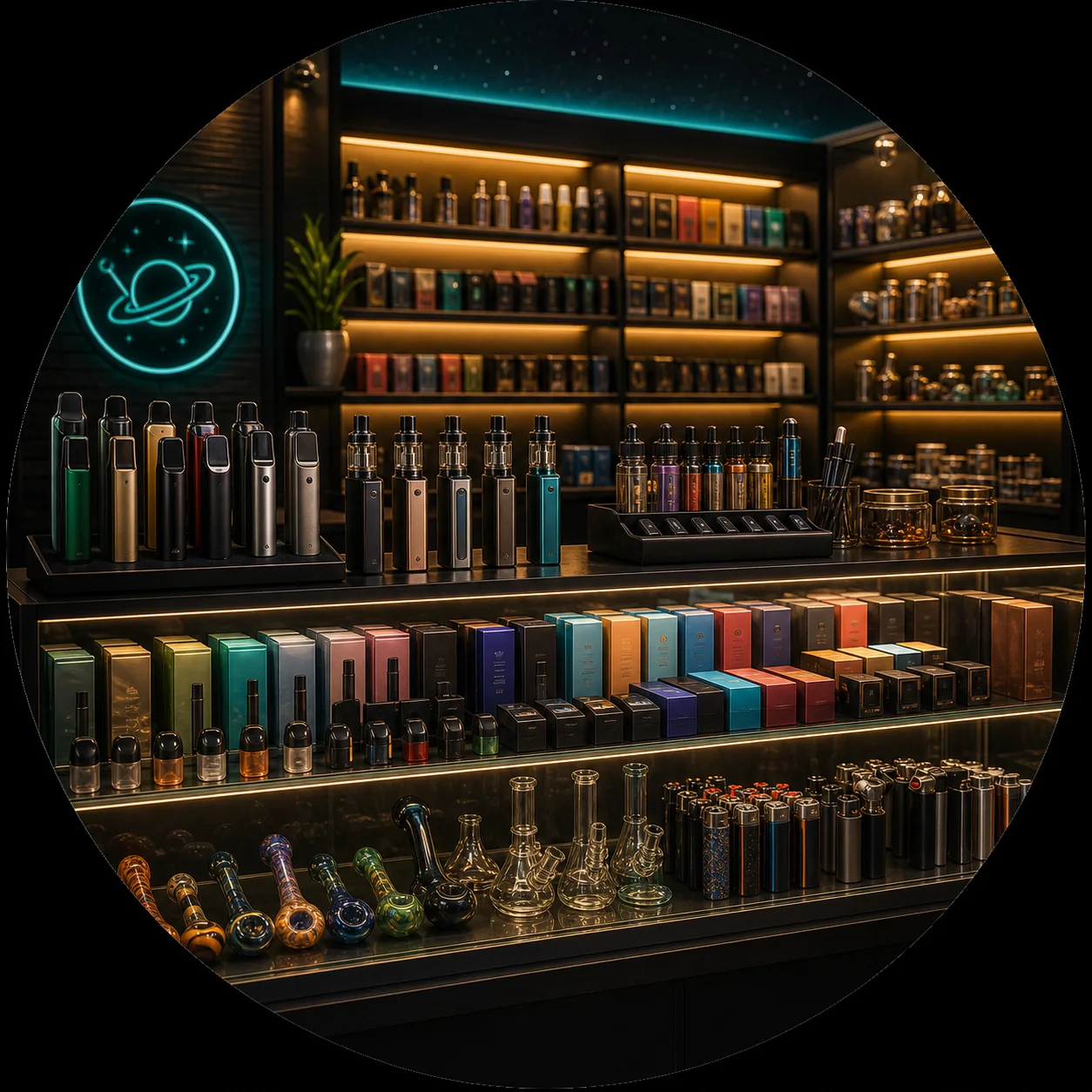 AI-generated adult smoke shop display with vape products, smoking accessories, and glass pipes.