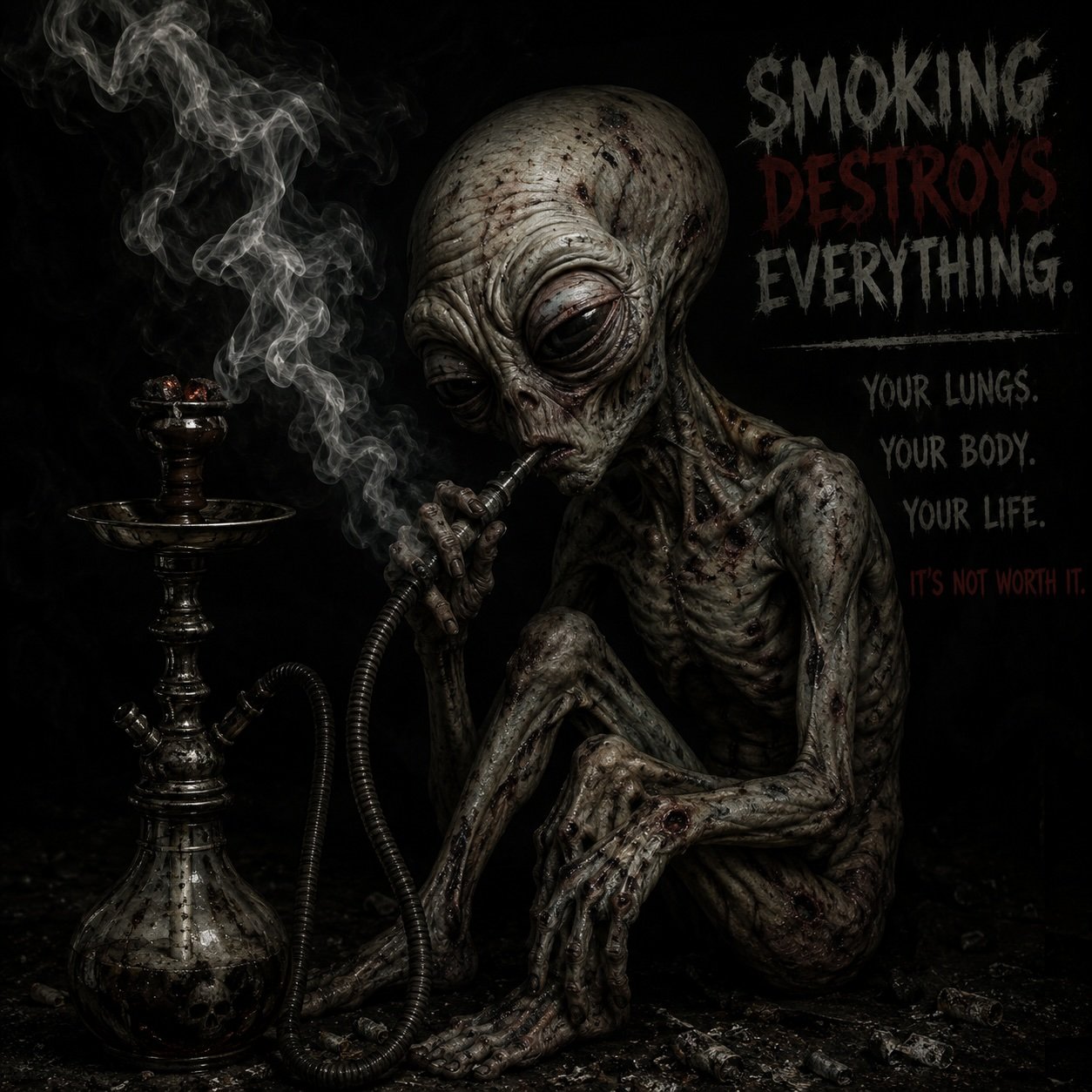 Alien smoking hookah beside anti-smoking warning text about lungs, body, and life.