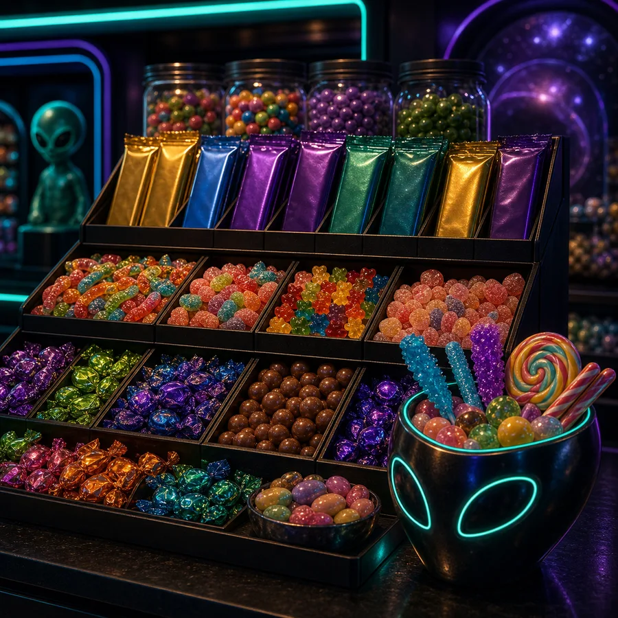 AI-generated Cosmic Market candy display with alien-themed neon accents.