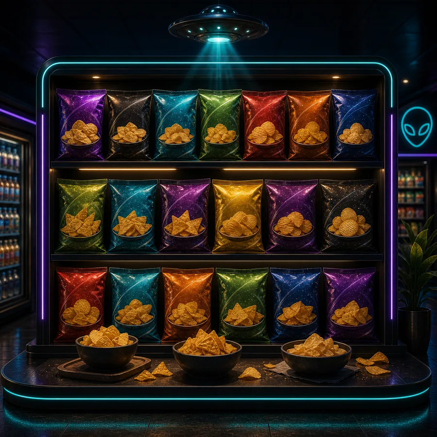 AI-generated Cosmic Market chips display in a modern convenience store.