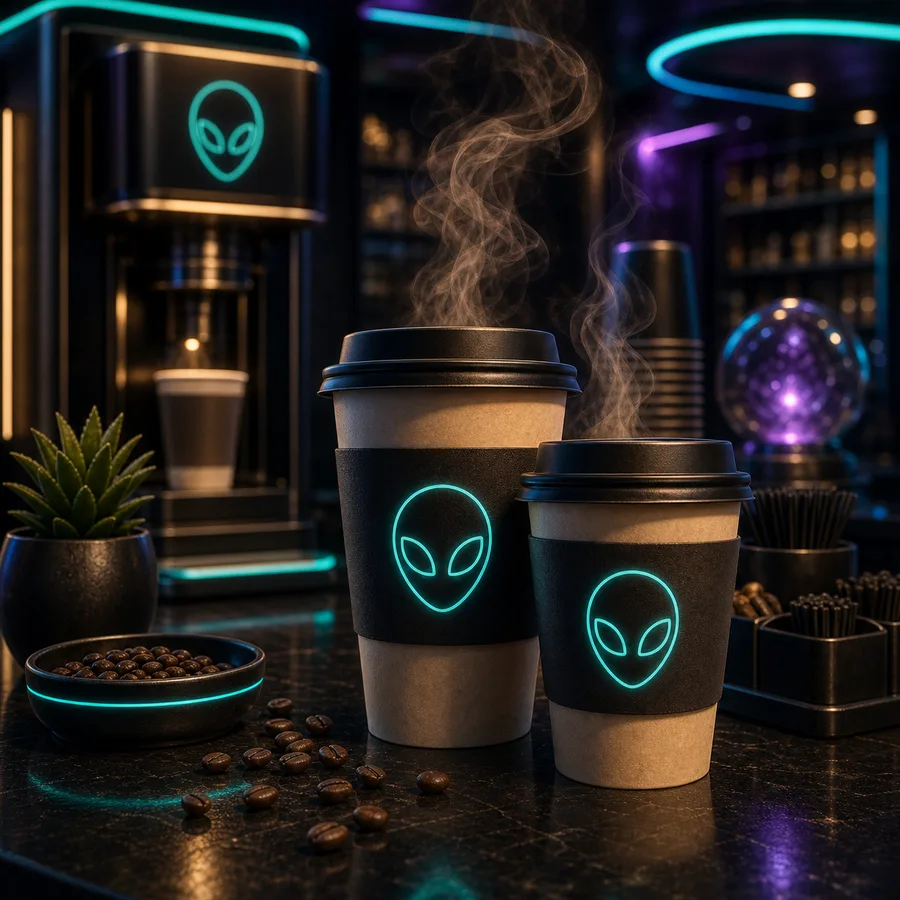 AI-generated Cosmic Market coffee station with hot coffee cups.