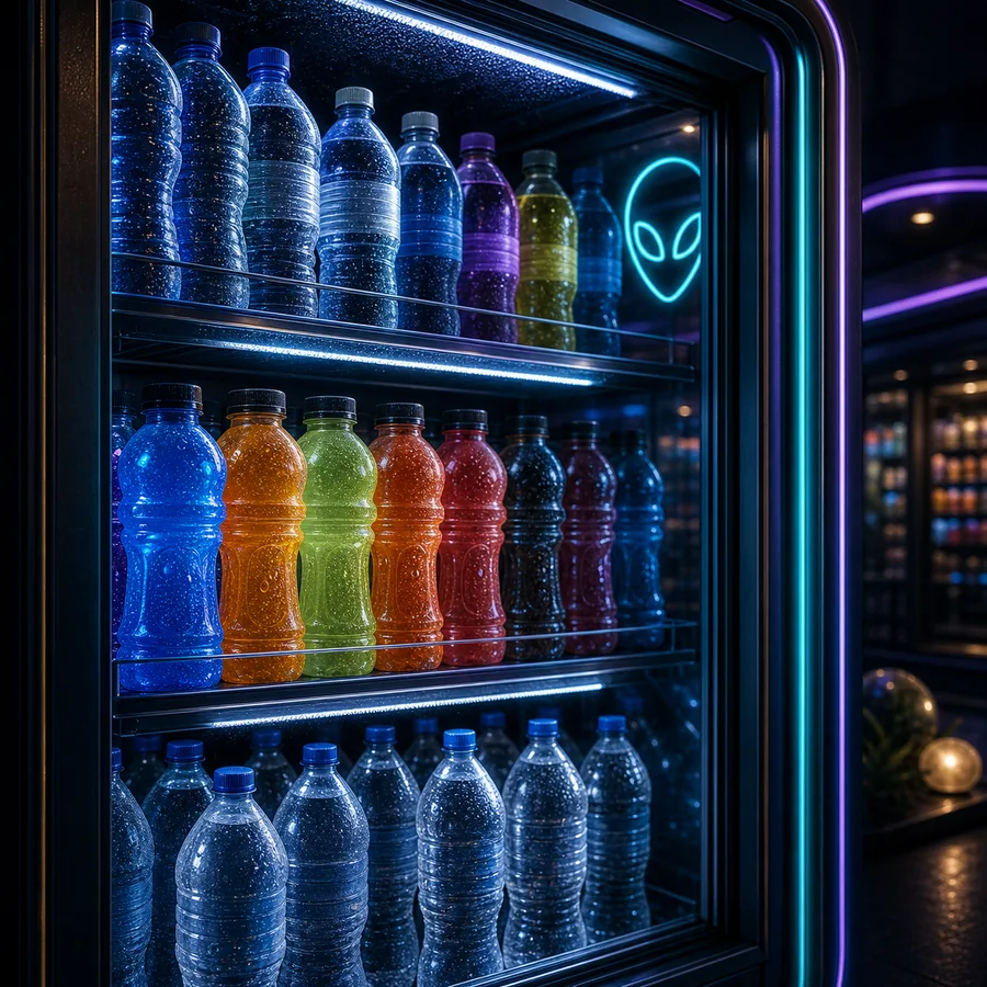 AI-generated Cosmic Market cold drinks and bottled water cooler.