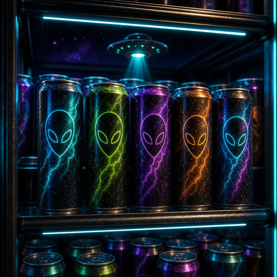 AI-generated Cosmic Market energy drink cooler with neon alien styling.