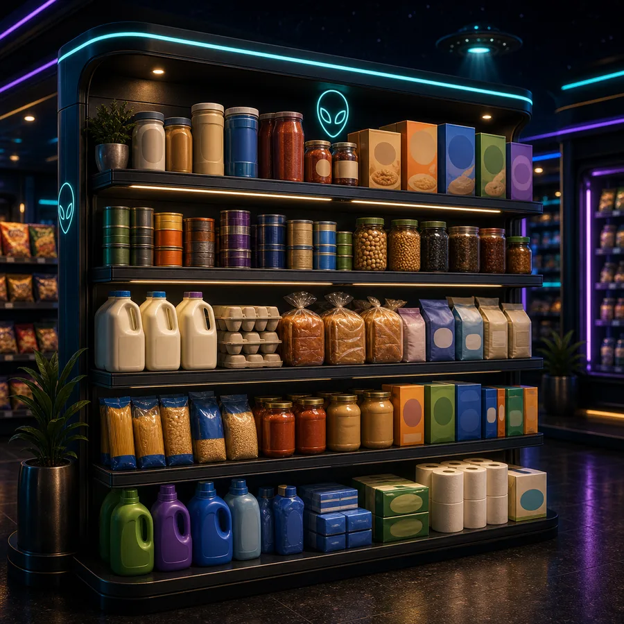 AI-generated Cosmic Market grocery essentials shelf.