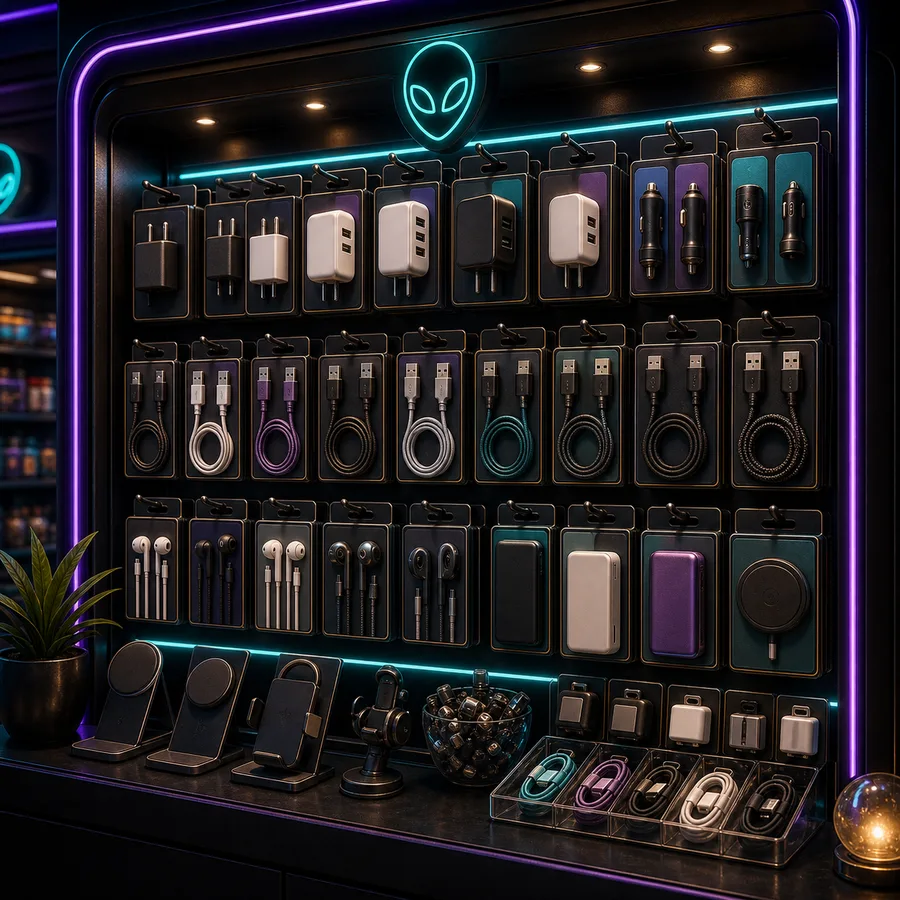 AI-generated Cosmic Market mobile chargers and accessories display.