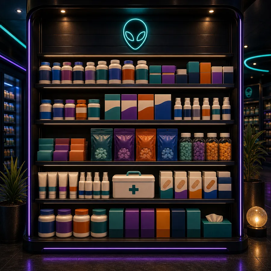 AI-generated Cosmic Market OTC medicine and first-aid essentials shelf.