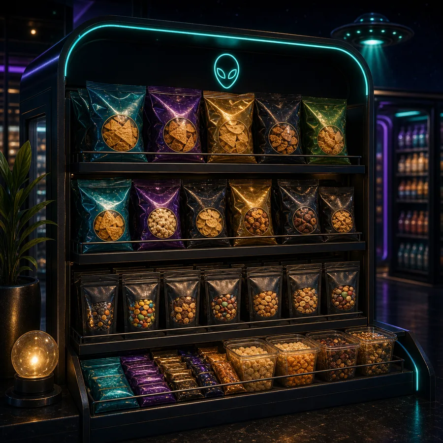 AI-generated Cosmic Market snack shelf with cosmic neon lighting.