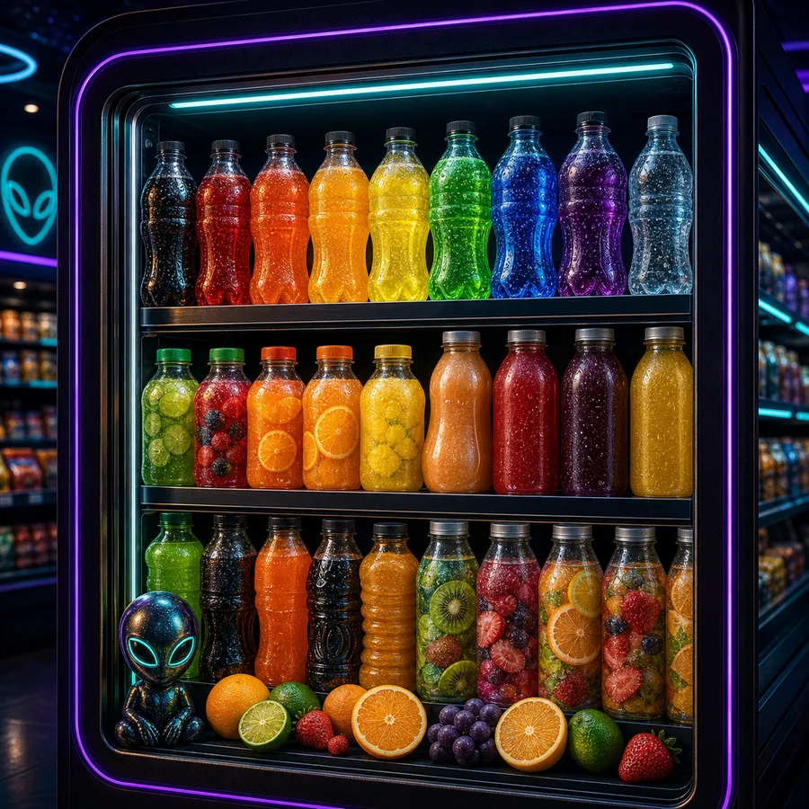 AI-generated Cosmic Market soft drinks and juice cooler.