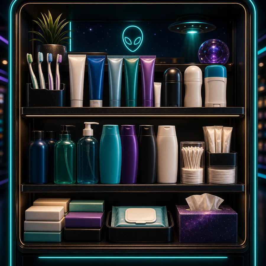 AI-generated Cosmic Market toiletries shelf with hygiene basics.