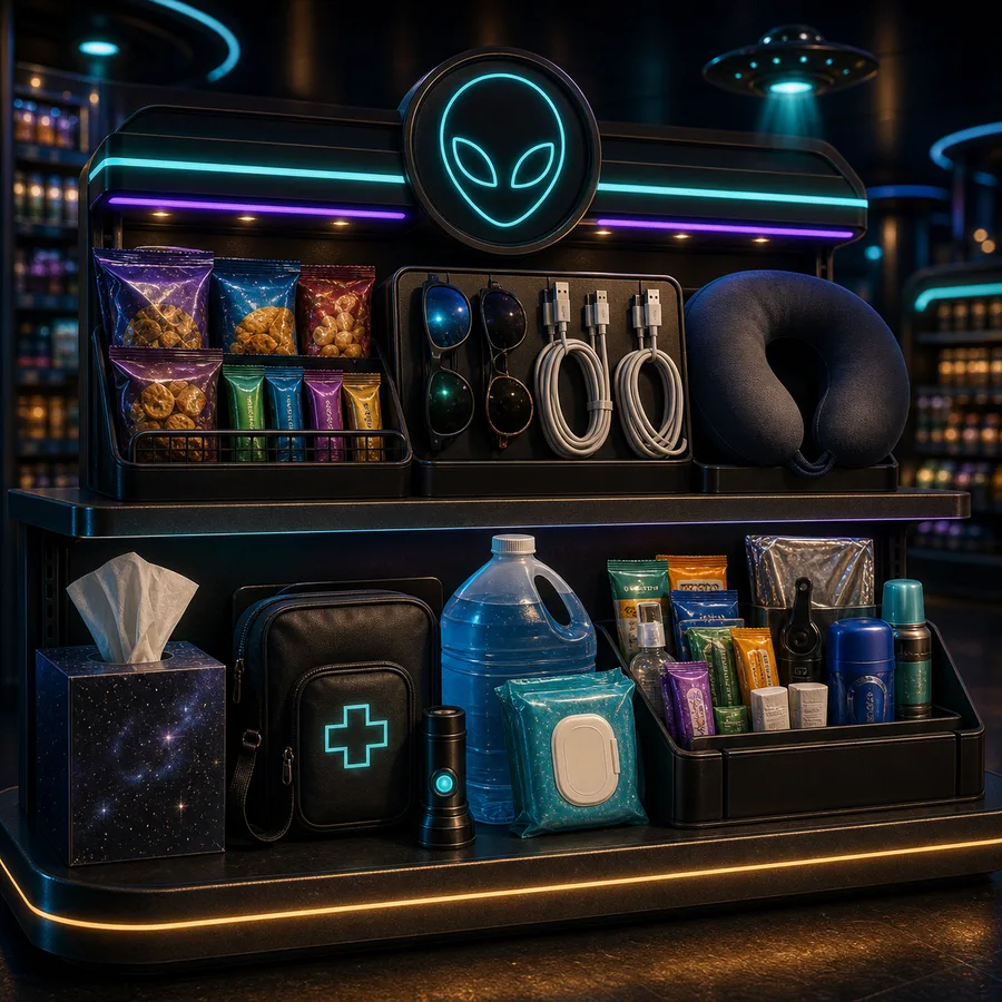 AI-generated Cosmic Market travel necessities display.